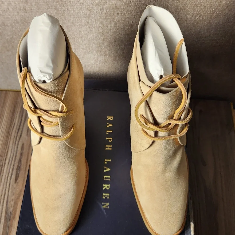Ralph Lauren Ankle Boots Womens 8 Tan Suede Lace Up High Heel Chukka Booties